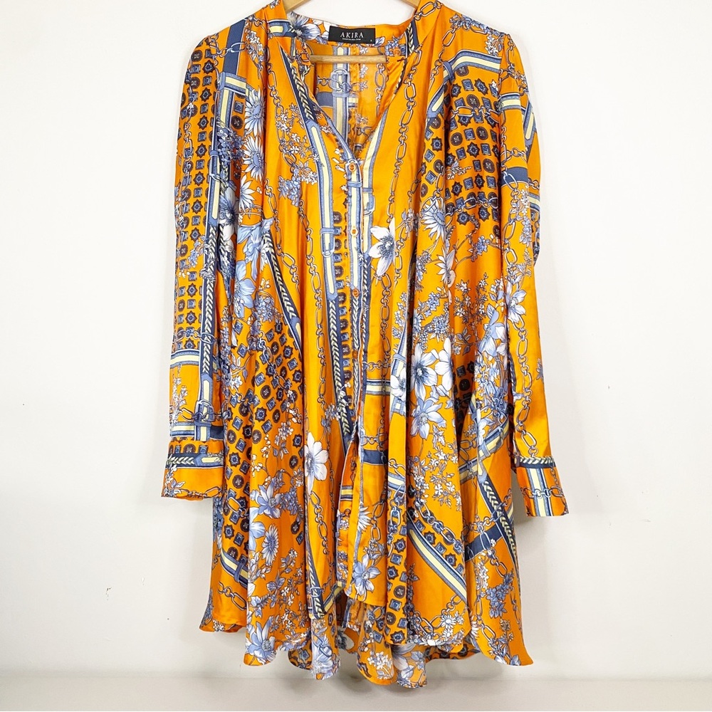 Akira Oversized Shirt Dress Satin Orange Long Sleeve Lightweight Sz S Floral